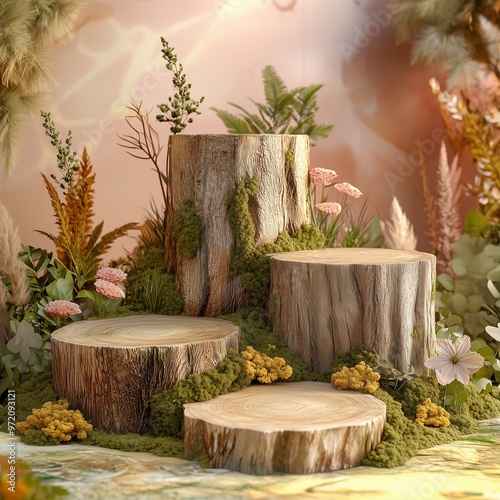 Nature-Inspired Podium with Moss-Covered Tree Stumps Representing First, Second, and Third Places

 photo