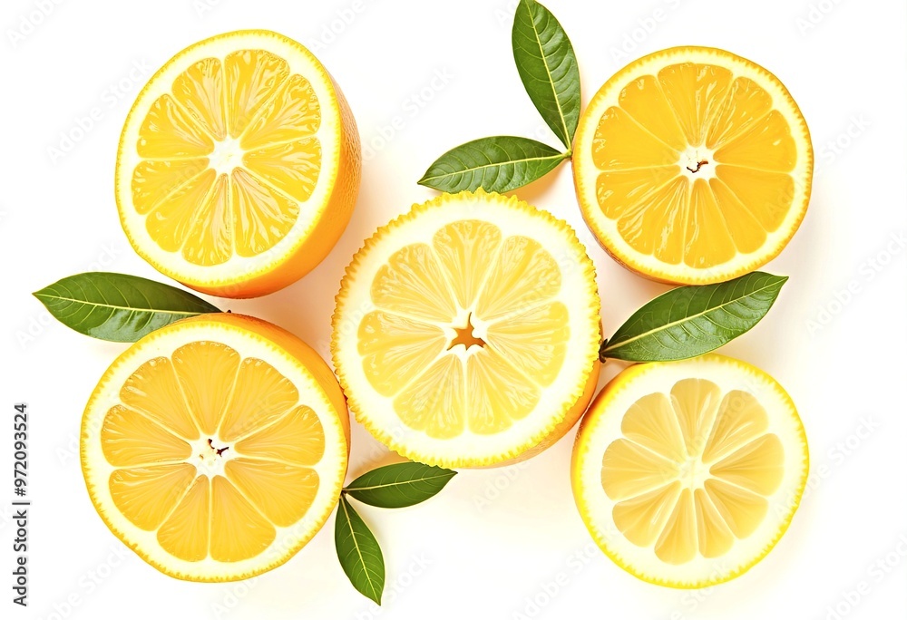 Halves of fresh citrus fruits with branches and green leaves isolated on a white background Halves of fresh citrus fruits with branches and green leaves isolated on a white background