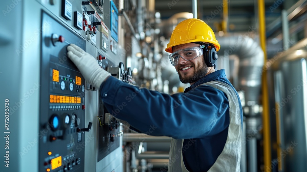 A skilled technician operates machinery in a modern factory, showcasing safety measures and industrial efficiency in action. A skilled technician operates machinery in a modern factory, showcasing safety measures and industrial efficiency in action.