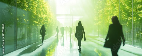 People walking through green office space, generative AI design, motion blur, ecofriendly environment concept photo