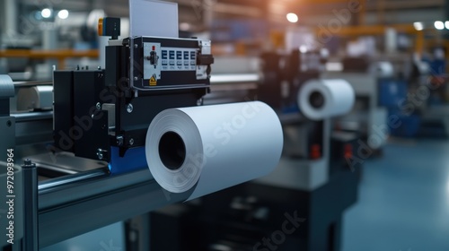 High-quality printing machine with paper roll in modern industrial setting. Ideal for showcasing manufacturing technology.