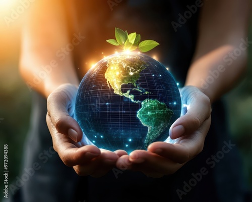 Marketing poster of hands holding a glowing earth with solar panels, green energy gratitude concept