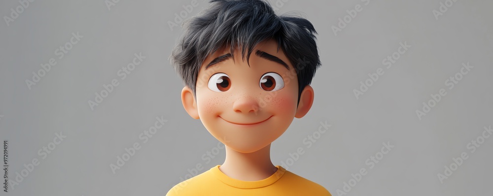 Cartoon character of a smiling young Asian man, dressed in yellow shirt, 3D design, light background, happy human feelings Cartoon character of a smiling young Asian man, dressed in yellow shirt, 3D design, light background, happy human feelings