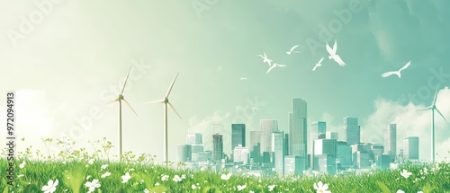 Marketing graphic of a city powered by renewable energy, Grateful for a Cleaner Future, ecocampaign photo