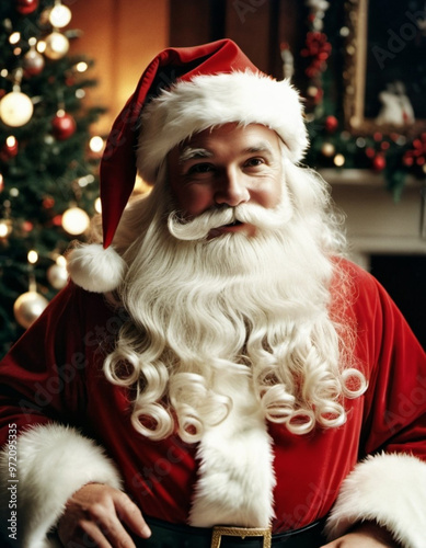 Santa embodies the holiday spirit with a joyful smile, fluffy white beard, and a welcoming demeanor, perfectly capturing the essence of Christmas cheer amidst the festive decor. Generative AI