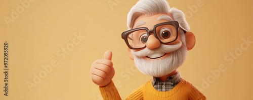 Happy old man cartoon character, showing thumb up in 3D style, light background, successful and positive gesture photo