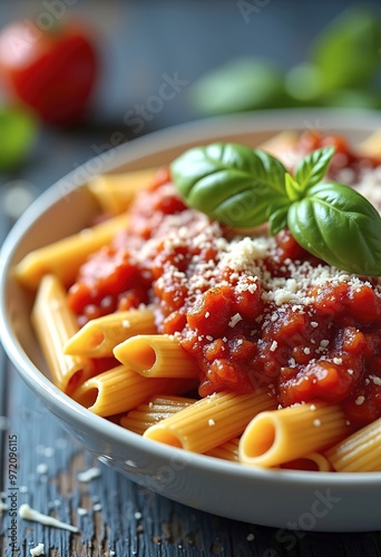 Penne pasta with tomato sauce, grated cheese, and fresh basil leaves
