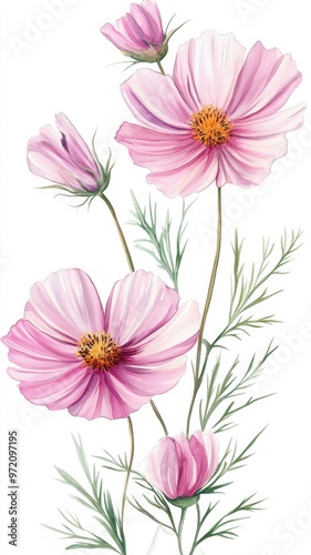 Watercolor Illustration set of Pink cosmos flowers on a white background,spring summer nature,Vibrant pink cosmos blooming,Children's card,banner,raindrops drawn by hand.