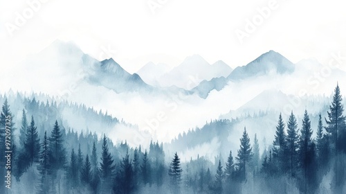 Watercolor of landscape forest misty mountains horizon and fog and hills,pine tree fir tree,Autumn forest background,drawn by hand,Autumn illustration design elements for landscape,wallpaper. photo