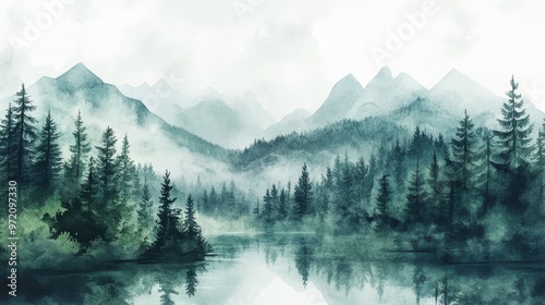 Watercolor of landscape forest misty mountains horizon and fog and hills,pine tree fir tree,Autumn forest background,drawn by hand,Autumn illustration design elements for landscape,wallpaper. photo