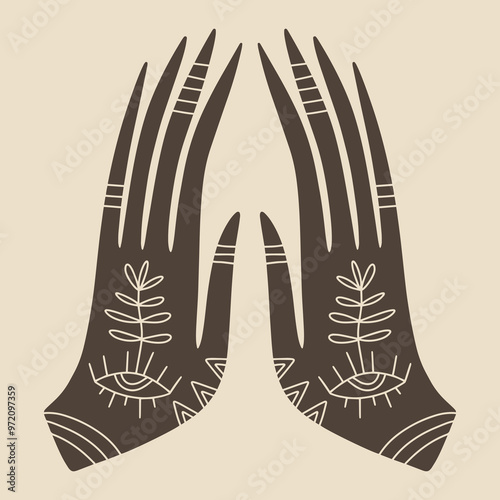 Magical boho patterned hand art mystical meditation witchcraft sacred symbol. Hamsa magical palm with eye shaped amulet inside. Illustration for yoga and reiki, holistic medicine spiritual concepts