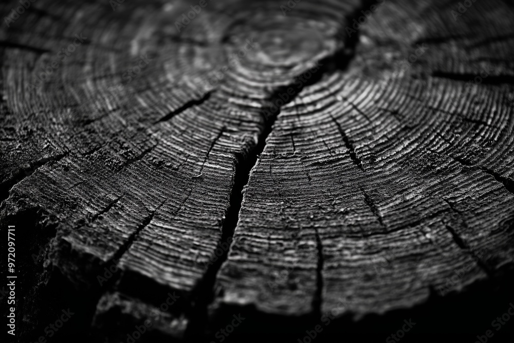 Detailed black and white close-up of tree trunk cross-section, showing growth rings and texture of aged wood. Detailed black and white close-up of tree trunk cross-section, showing growth rings and texture of aged wood.