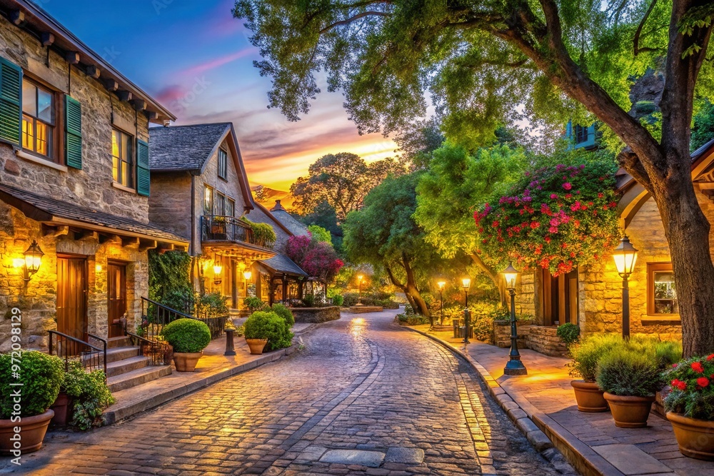 A charming small town in Main Street California features rustic buildings, cobblestone streets, and lush trees bathed in warm golden light. A charming small town in Main Street California features rustic buildings, cobblestone streets, and lush trees bathed in warm golden light.