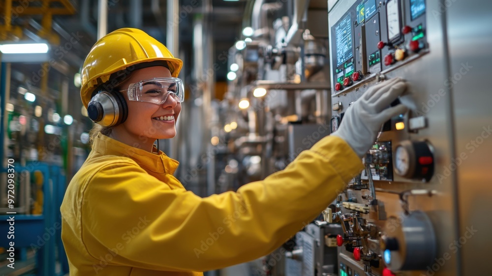 A smiling engineer in safety gear operates machinery controls in a modern industrial facility, showcasing teamwork and precision.
