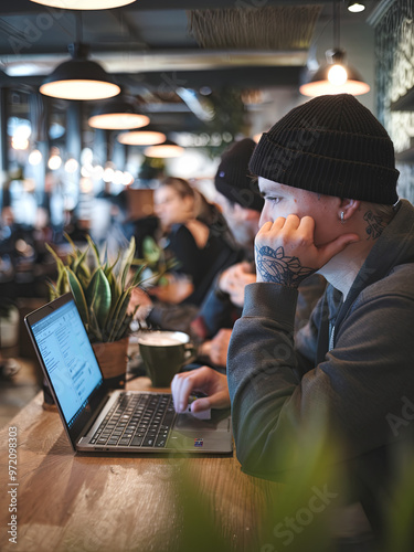 Gen Z individual working on a laptop in a trendy coffee shop photo