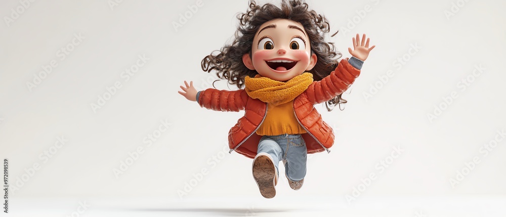 3D cartoon portrait of a laughing girl, jumping and running, playing happily, child teen character, white background 3D cartoon portrait of a laughing girl, jumping and running, playing happily, child teen character, white background