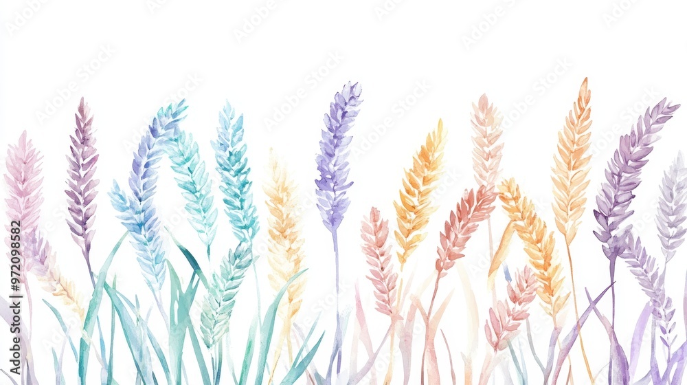 Fototapeta premium Watercolor illustration ears of wheat on white background,Colorful background for fabric,Hand drawn,Agriculture Farm Fresh Healthy Tasty Organic Bread Food,Vector illustration of ears element.