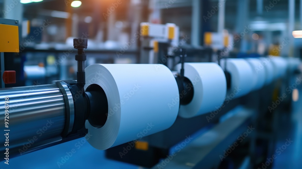 Close-up of industrial paper rolls in a modern manufacturing facility, showcasing precision and technology in production. Close-up of industrial paper rolls in a modern manufacturing facility, showcasing precision and technology in production.