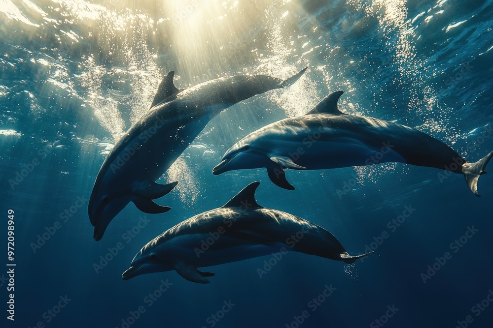 Obraz premium A stunning underwater scene featuring three dolphins swimming gracefully in the blue ocean, illuminated by rays of sunlight.