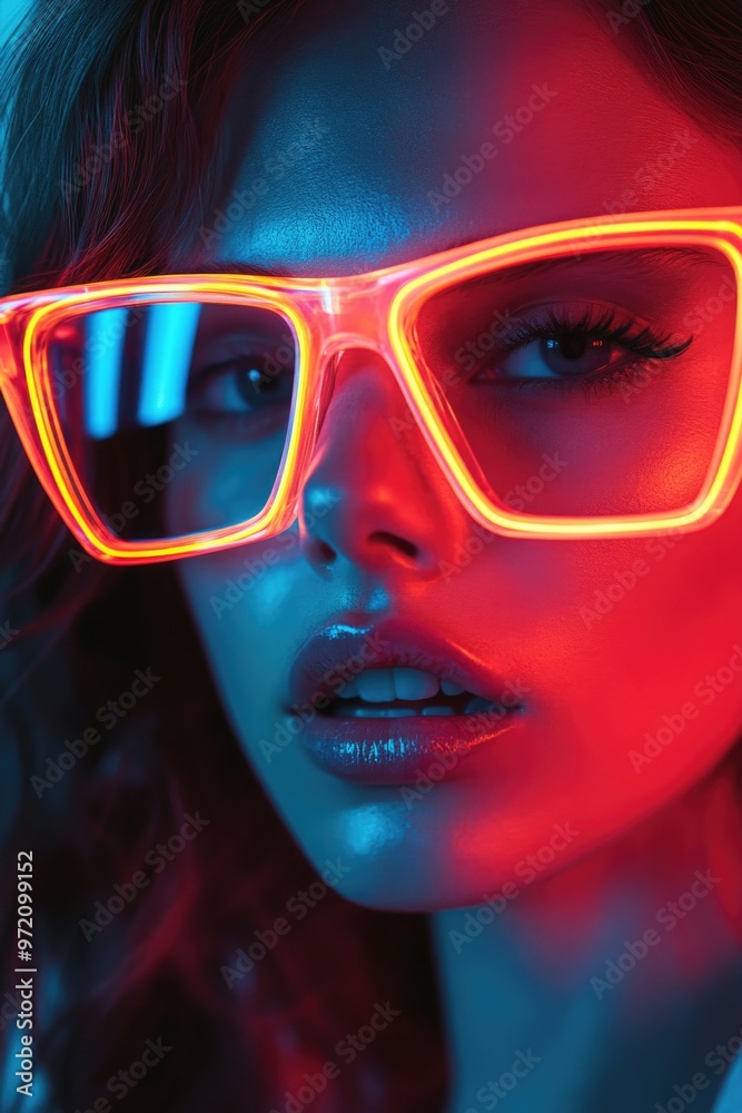 Woman with neon glasses in dark room Woman with neon glasses in dark room