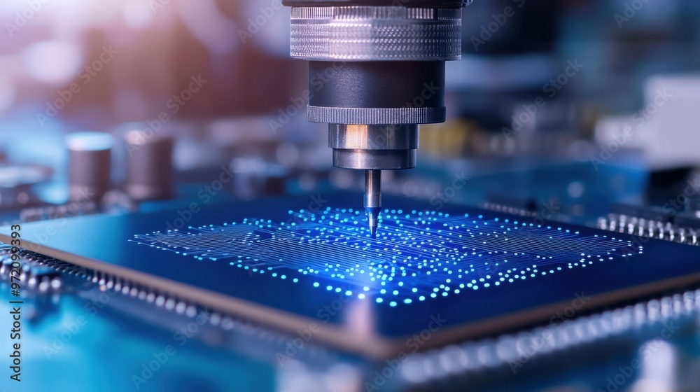 Close-up of a precision machine engraving intricate patterns on a circuit board for advanced technology applications. Close-up of a precision machine engraving intricate patterns on a circuit board for advanced technology applications.