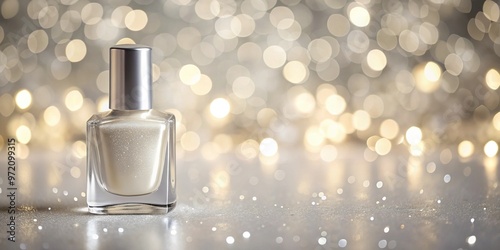 A delicate bottle of shimmering white nail polish radiates a soft glow amidst a calming background of subtle grey and cream hues. photo