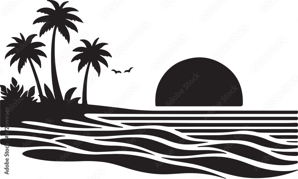 Sun rise on the sea beach silhouette vector art illustration with coconut tree, flying birds icon design.