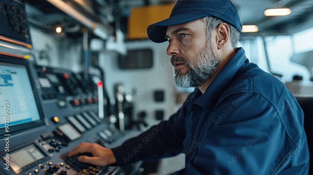 Focused ship captain operating advanced navigation control in the command center with concentration and expertise. Focused ship captain operating advanced navigation control in the command center with concentration and expertise.