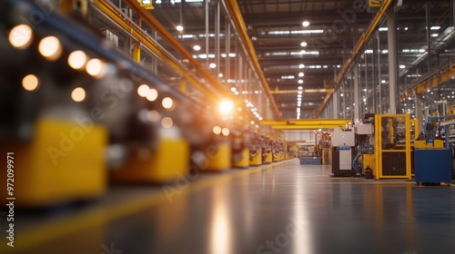 A vibrant industrial manufacturing environment showcasing production machinery and assembly lines illuminated by sunlight.