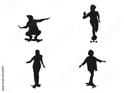 silhouette of a girl on a skateboard. silhouette of Female skater practicing skateboarding. Skateboarding trick ollie. Jump on skateboard. Black silhouette of skateboarder isolated on white background