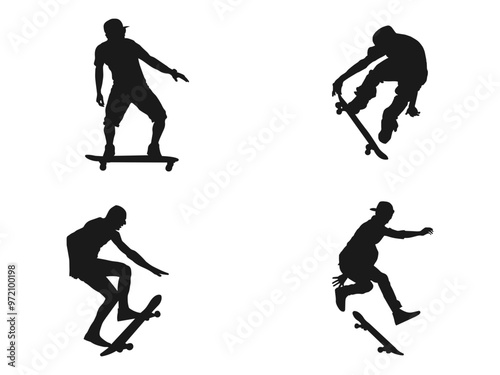 skateboarders silhouettes. Skateboarding Silhouette Vector illustration. Thrilling Tricks on Wheels Silhouette Vector of Skateboarding Stunt. Black silhouette of an athlete skateboarder in a jump.