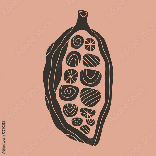 Boho vintage cacao illustration, farm logo or label design, organic plant with leaf emblem, beige and brown color badge style label. Mystical ceremony tropical sacred food and drinks new age holistic