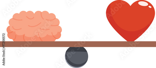 Seesaw balancing a heart and a brain, symbolizing the struggle between logic and emotion in decision making