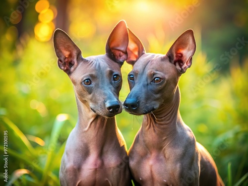 Adorable xoloescuincles, also known as Mexican hairless dogs, cuddle and play together, showcasing their unique skin and affectionate nature in a warm, sunny setting. photo