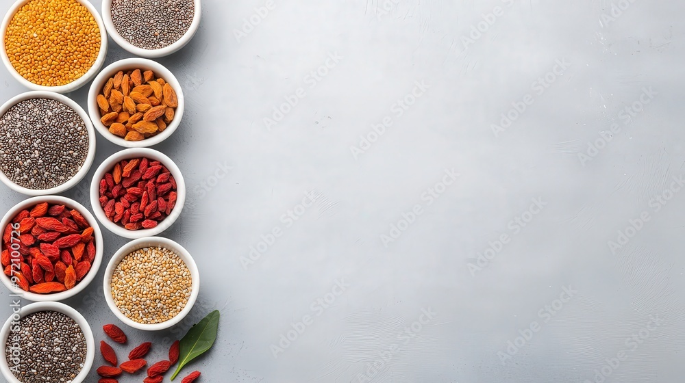 Assortment of superfoods like chia seeds, goji berries, and quinoa in bowls Assortment of superfoods like chia seeds, goji berries, and quinoa in bowls