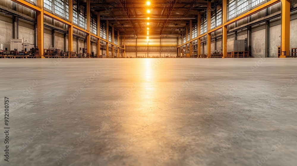 Fototapeta premium Spacious factory floor with organized machinery, high ceilings, clean concrete surfaces, and industrial lighting