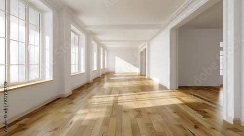 Spacious empty living room with wooden flooring 3d render. Generative Ai.