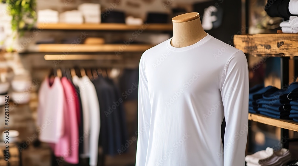 White long-sleeve t-shirt displayed on a full torso mannequin, showcasing a classic and versatile garment in a clean, detailed setting. Ideal for highlighting apparel design and fashion presentation. White long-sleeve t-shirt displayed on a full torso mannequin, showcasing a classic and versatile garment in a clean, detailed setting. Ideal for highlighting apparel design and fashion presentation.