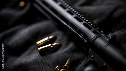 Close-up of a black rifle with three bullets on a dark surface.