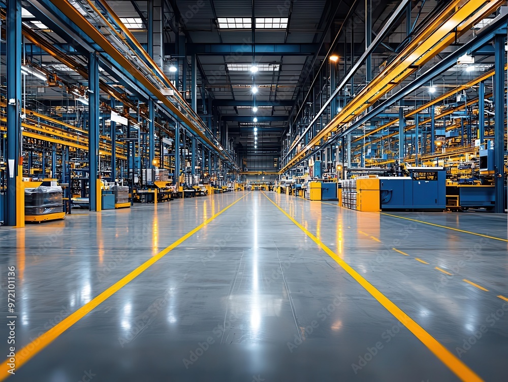 Spacious factory interior with advanced manufacturing equipment, high ceilings, exposed steel beams, bright lighting Spacious factory interior with advanced manufacturing equipment, high ceilings, exposed steel beams, bright lighting
