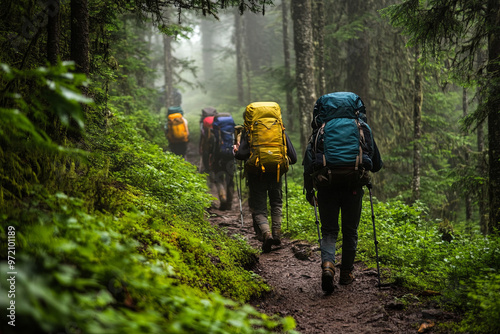 Backpackers hiking through a lush forest trail photo