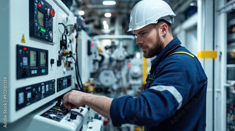 An engineer in a helmet operates machinery controls in a modern industrial setting, ensuring optimal performance and safety. An engineer in a helmet operates machinery controls in a modern industrial setting, ensuring optimal performance and safety.