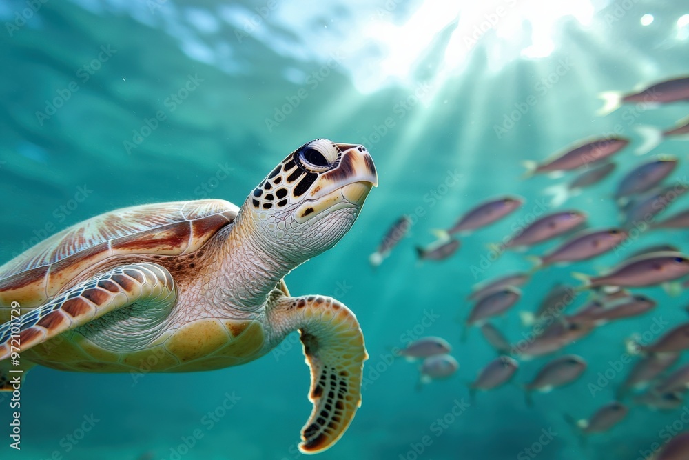 Obraz premium A graceful sea turtle glides through clear blue waters, surrounded by schools of fish, illuminated by shimmering sunlight.