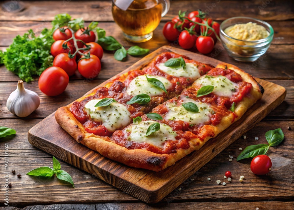 A golden-brown Sicilian-style pizza crust topped with tomato sauce, melted mozzarella, and Italian herbs, served on a rustic wooden board. A golden-brown Sicilian-style pizza crust topped with tomato sauce, melted mozzarella, and Italian herbs, served on a rustic wooden board.