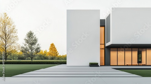 Exterior of a modern industrial building, surrounded by vast green fields, spacious grounds, and minimalist design