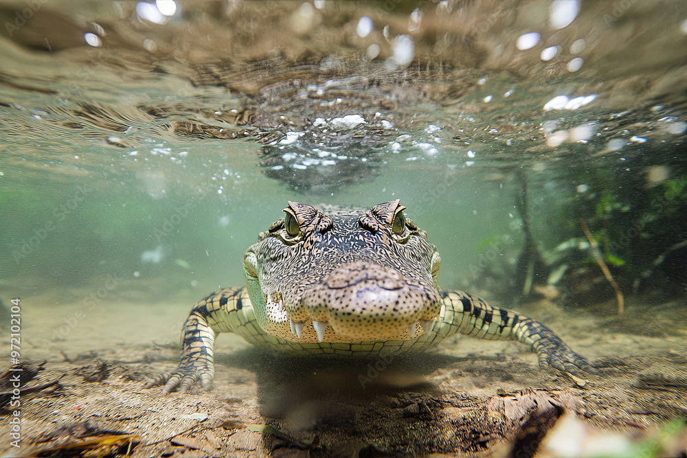 Fototapeta premium Crocodile lurking just below the water's surface in a river