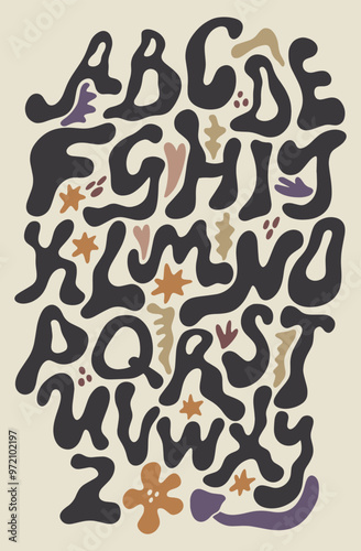 Hippie goblin-core folk ethnic bohemian groovy ornate shamanic postmodern funky font, stylized alphabet 1960s, boho psychedelic style. Perfect for posters, collages, clothing, music albums and more