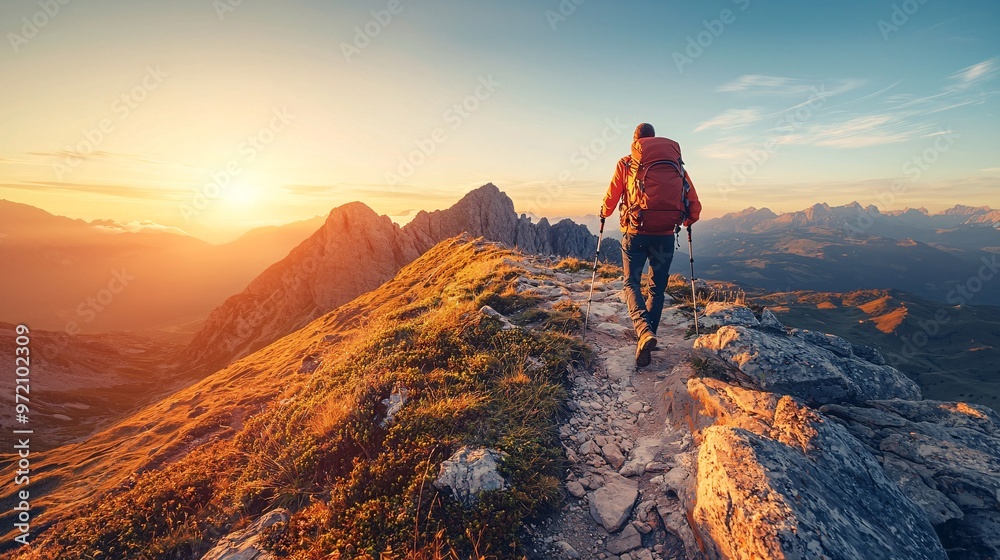 Obraz premium An intrepid explorer ascends a challenging peak at dawn, immersed in stunning vistas and a vibrant azure sky.