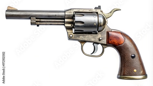 A historic six-shooter revolver sits alone on a clean white background, waiting for the perfect clipping path to make it stand out.