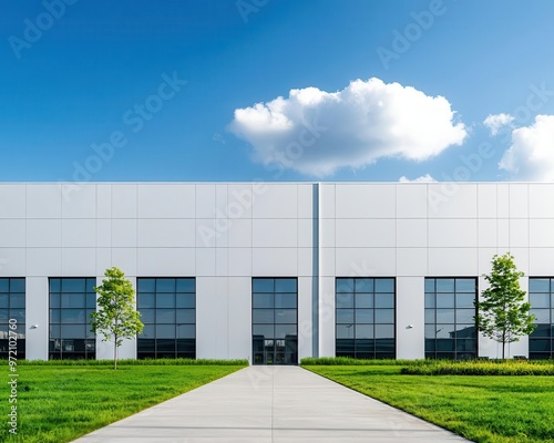 Wallpaper Mural Wide-angle shot of a modern factory, spacious layout, steel and glass exterior, surrounded by green open spaces Torontodigital.ca